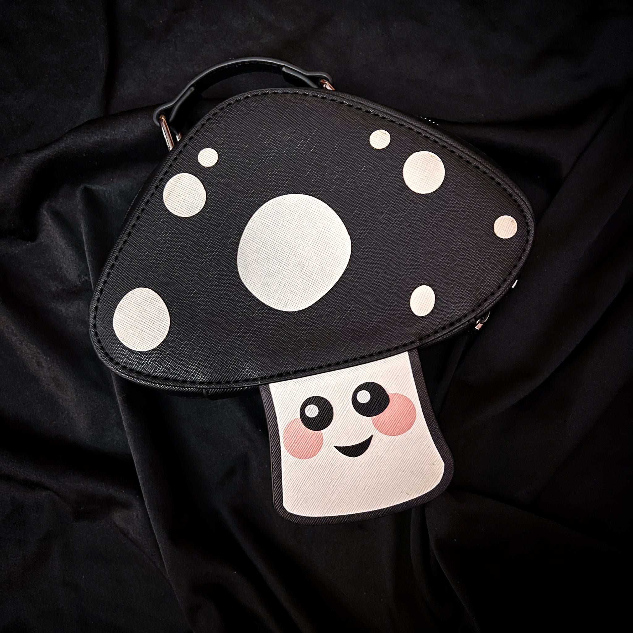 black & white mushroom moth mini backpack Atropos Embroidered Satchel | Disturbia Forestcore backpack in blue suede with silver floral embroidery featuring moons and stars HUGS IDEA Mushroom Butterfly Print